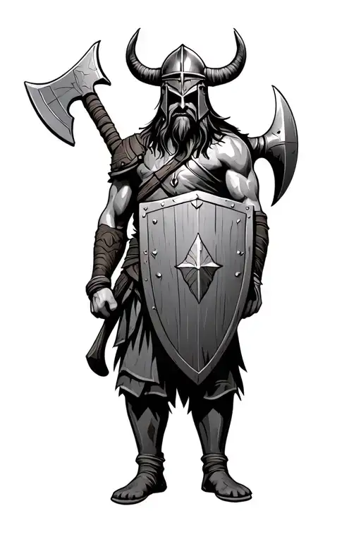 Viking With Head Of A Helmet With 2 Horns Carrying An Ax And A Shield