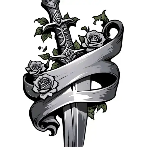 Sword With A Small And Wide Banner Wrapped Around And Small Roses On It