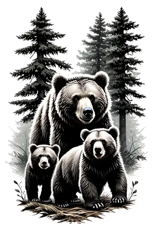 Bear With 3 Cubs Walking In The Forest Trees Background Looking