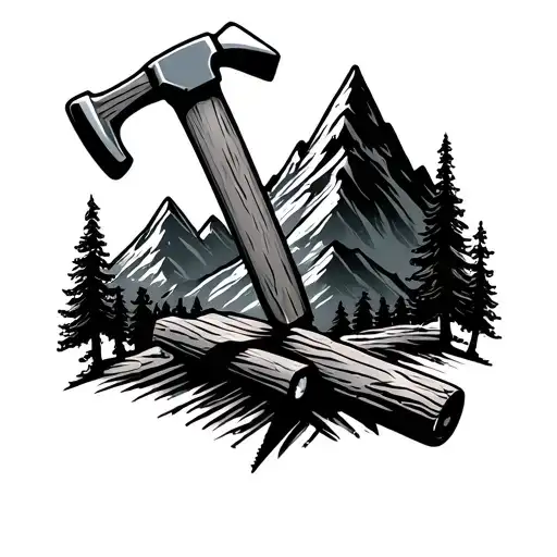 Mountains With Tree Line Surrounded By Saw And Hammer