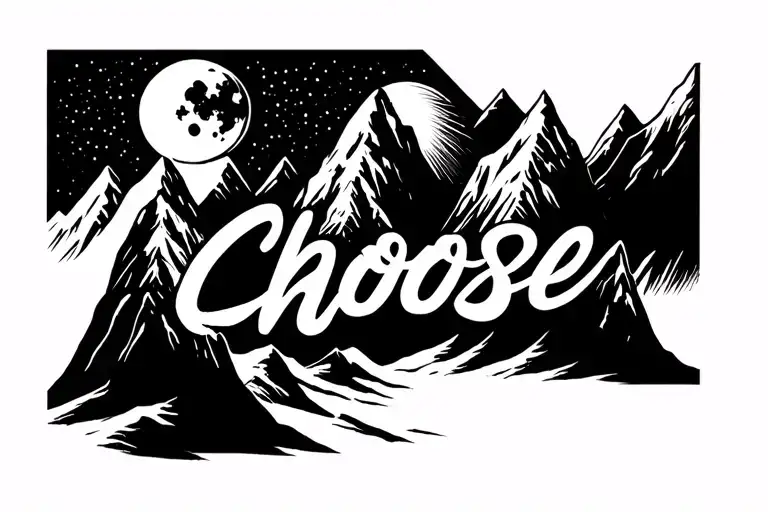 Fine Line Ountain Range With Moon And Choose Written In The Mountains