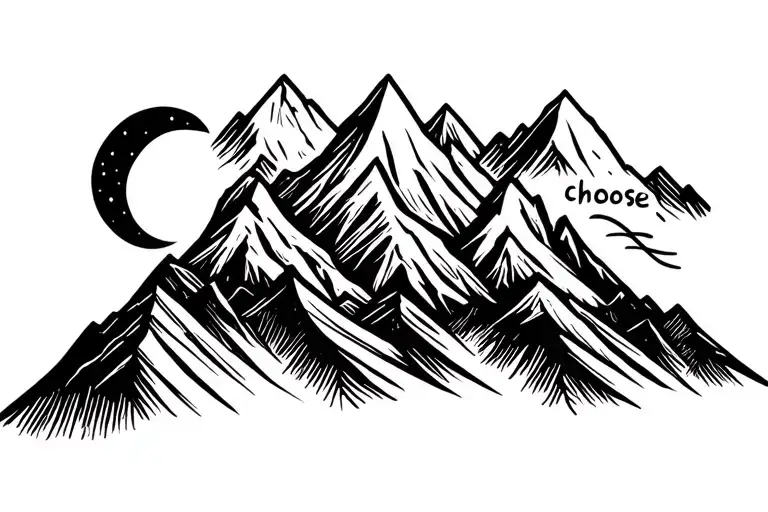 One Line Mountain Range With Moon And Choose Written In The Mountains