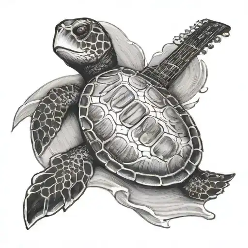 Beach And Guitar And Baby Sea Turtle