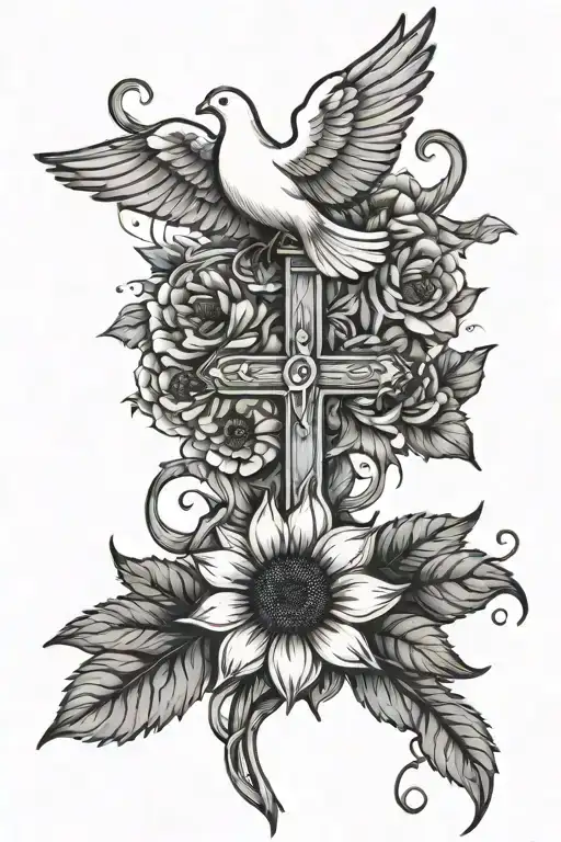 White Dove Flying Over A Sunflower Intertwined With A Cross