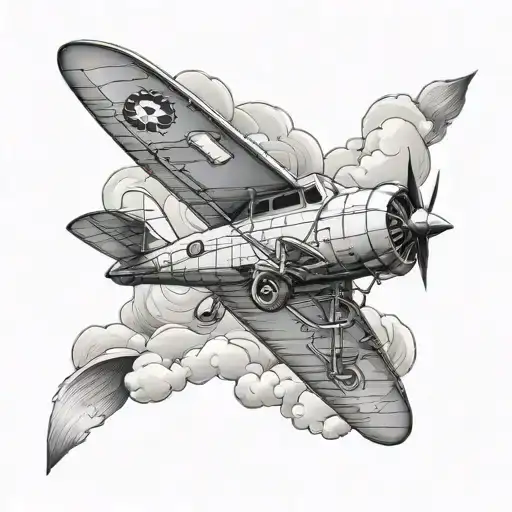 A Black And Grey Tattoo Of A Vintage Airplane Soaring Over The Colombian Mountains