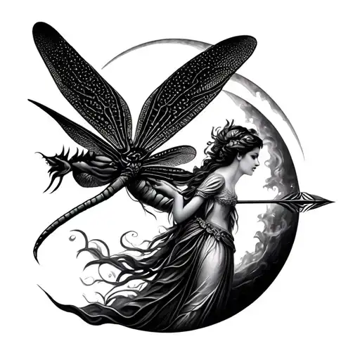 Dragon Fly And Goddess Diana Moon And Arrow Merging