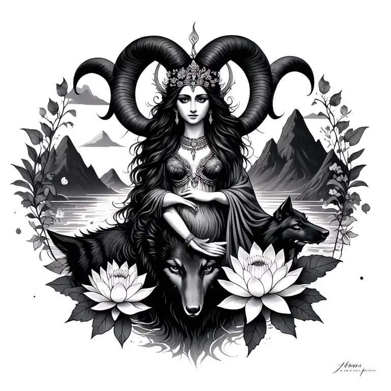 Aries Goddess Surrounded By Poeny And Lotus Flowers With A Black Wolf And Mountains