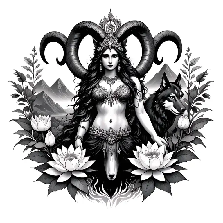 Aries Goddess Surrounded By Poeny And Lotus Flowers With A Black Wolf And Mountains Range