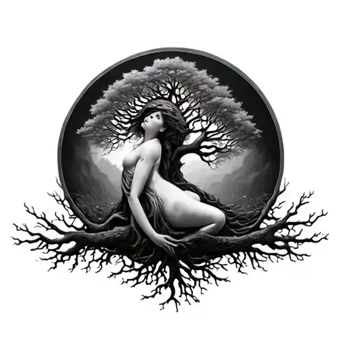 Create An Image Of The Tree Of Life Smothering A Woman With Its Branches