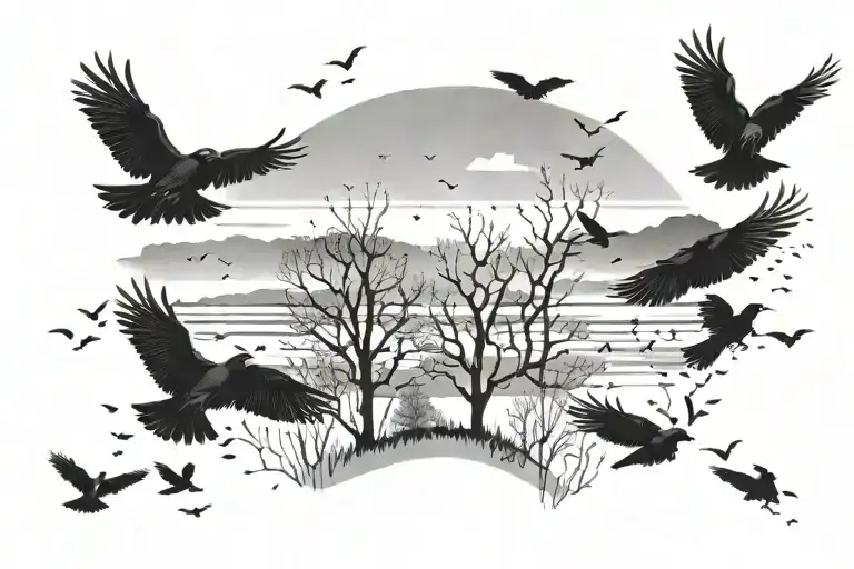 Feild With Tree Line And Crows Flying