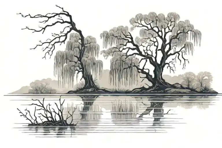 Lake Scene At Night With Large Weeping Willow Tree On One Side