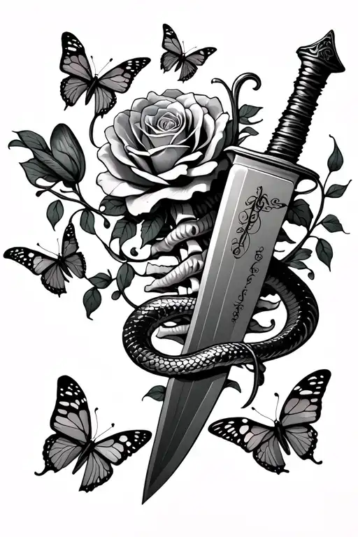 Spine Tattoo With A Knife With Roses And Da Snake Wrapped Around It Surrounded By Butterflies