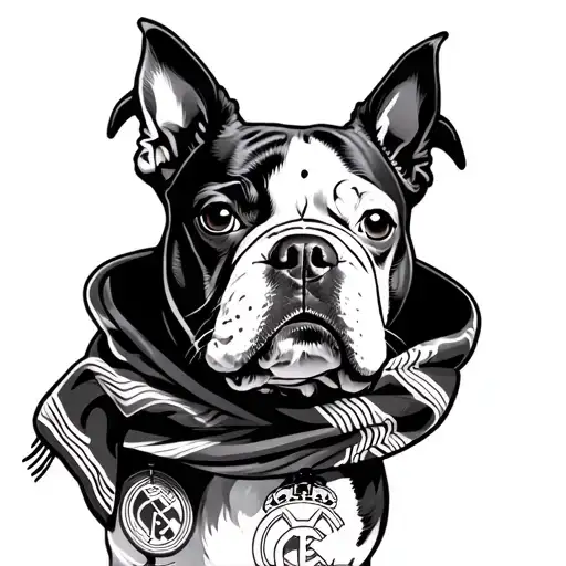 Boston Terrier With Black Dot On Forehead And Real Madrid Scarf