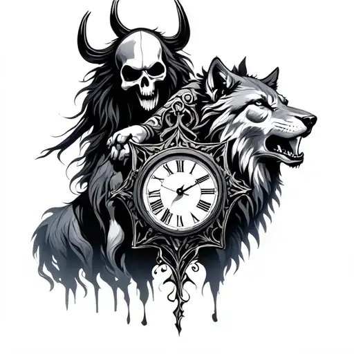 Reaper With Clock Lion And Wolf