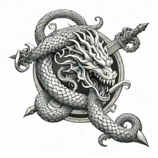 A Serpent With Medusa's Face And Shining Scales Coiled Around A Sword