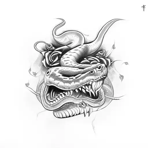 Snake With Angry Fangs And Roses