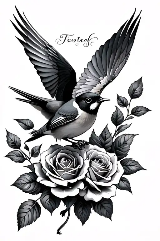 Robin In Flight And Roses Intertwined