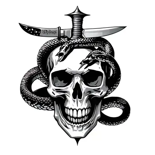 Skull With Knife In The Top Of The Head With Snake Wrapped Around It