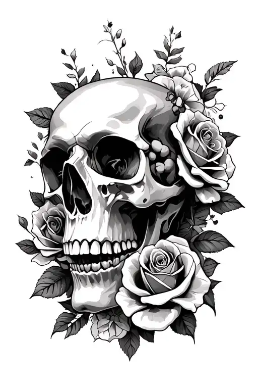 Skull And Roses Wrapped All Together And Filling The Left Gaps In The Full Sleeve
