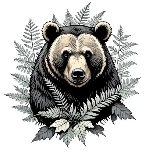 Bear With Fern Leaves And Oak Leaves Growing