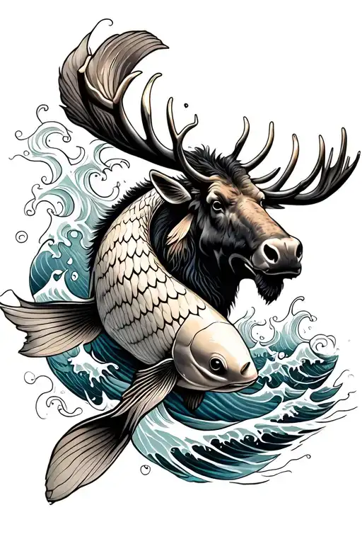 Koi Fish In Waves With A Moose Looking Over