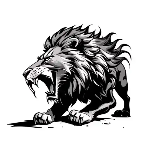 Tattoo Of Fierce Lion That Is Roaring That Has Pinned A Defeated To The Ground