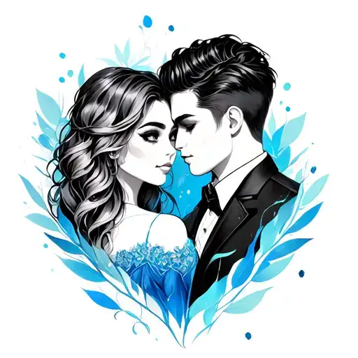 Stylized Black And White Couple And Blue That Surrounds