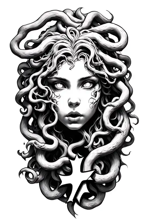 Gorgon Medusa Young Beautiful With White Eyes And A Sealed Cross With Mouth