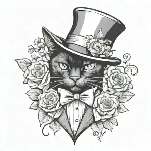 Black Cat With A Tuxedo And A High Top Hat And Some Flowers