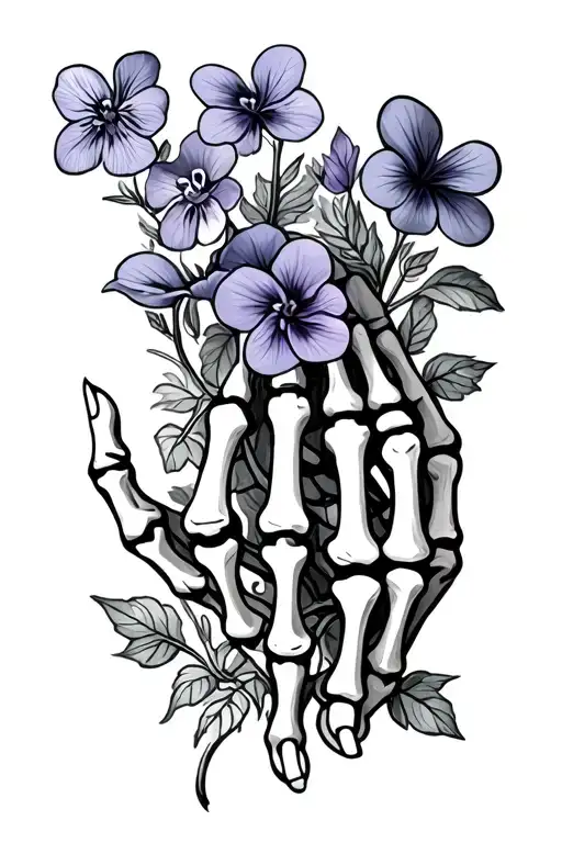 Skeleton Hand With Violets Grow Flowers