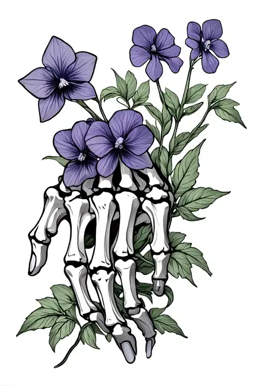 Skeleton Hand With Violets Grow Flowers