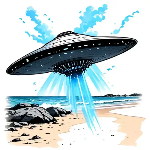 Ufo With Blue Beam Over The Beach