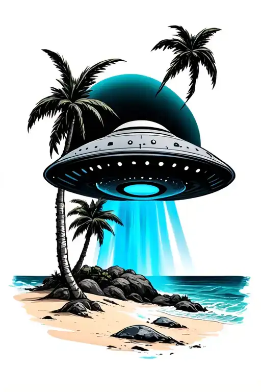 Ufo With Blue Beam Over The Beach Scene With Palm Trees