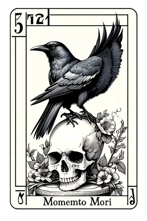 Tarot Card Style Crow On A Skull With The Name Of The Card Momento Mori And The Number 512