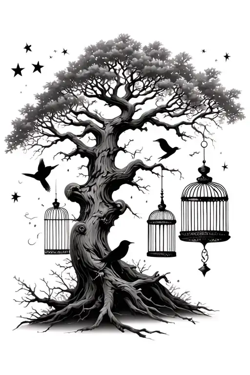 Big Tree With Modern Bird Cages And Stars And Moon In The Background