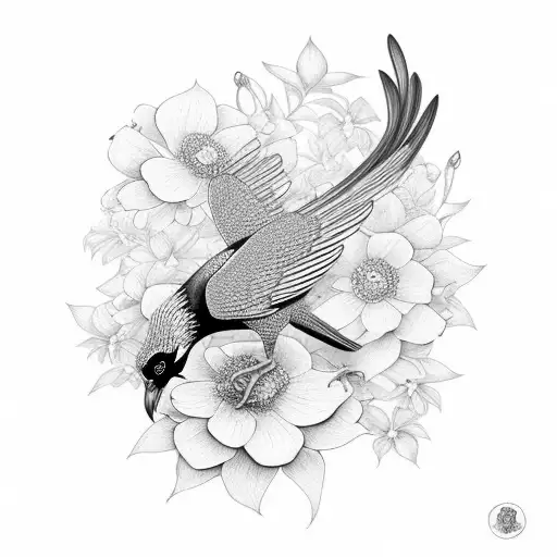 Magpie Bird And Flowers