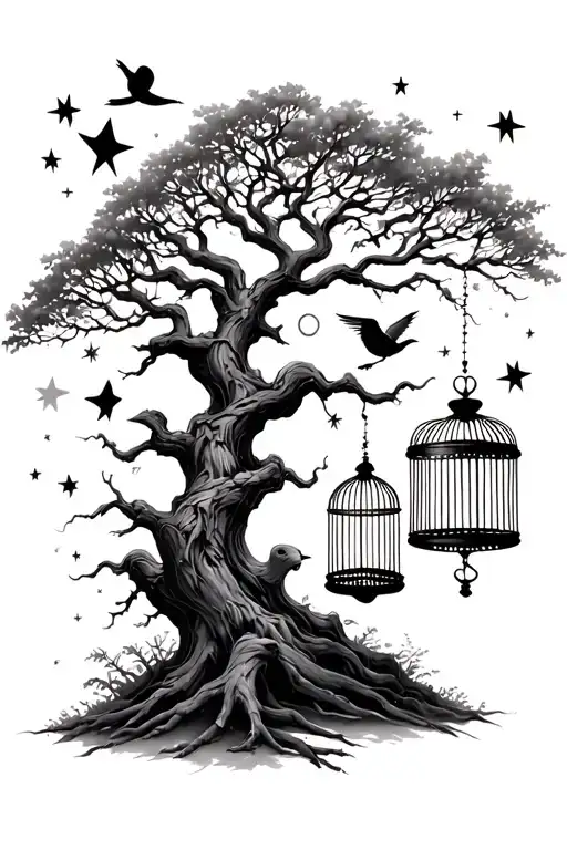 Big Tree With Modern Bird Cages And Stars And Moon In The Background