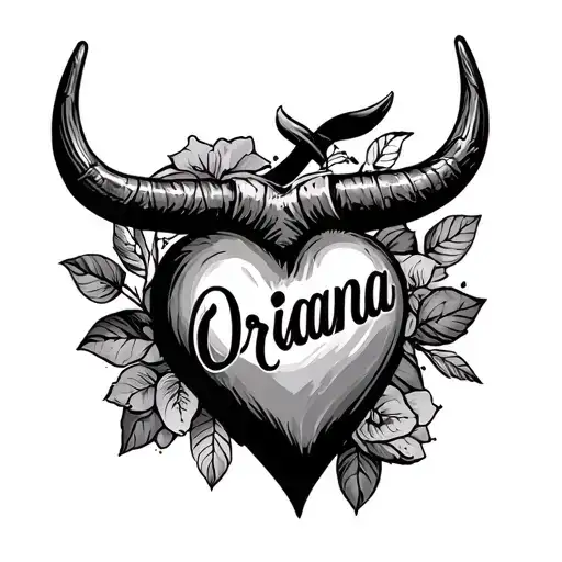 Traditional Mom Heart Tattoo Style But With The Name Oriana And A Bull Horn Silhouette Behind It