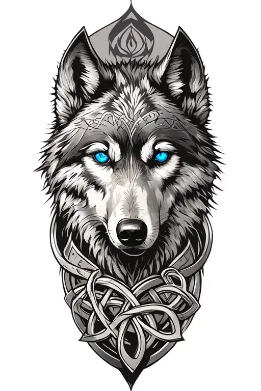 Wolf With Blue Eyes On Armor Tattoo Design Featuring Celtic Trinity Knot