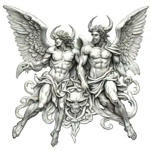 Statues Of An Angel And Demon Combined In One Man