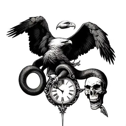 Eagle And Snake Fighting With Skull And Dagger With A Clock