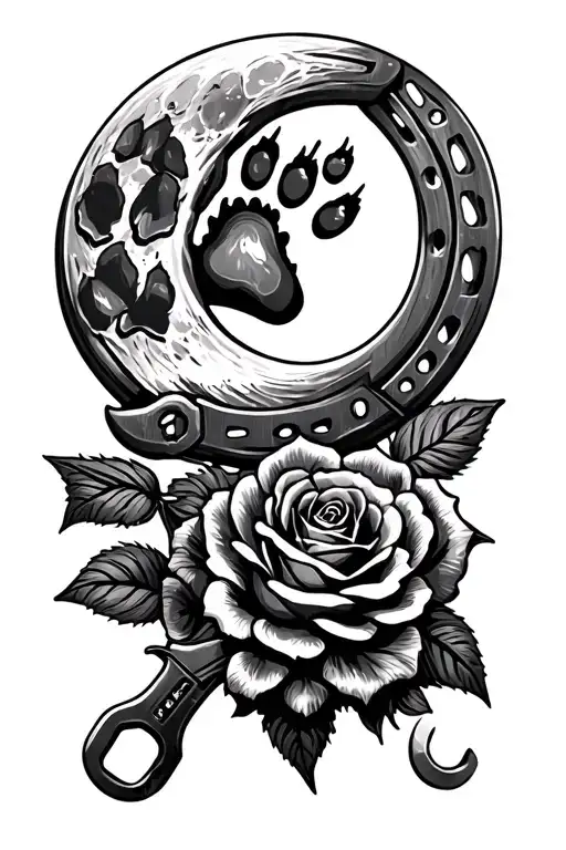 Moon And Paw Print And Horseshoe And Roses And Wrench