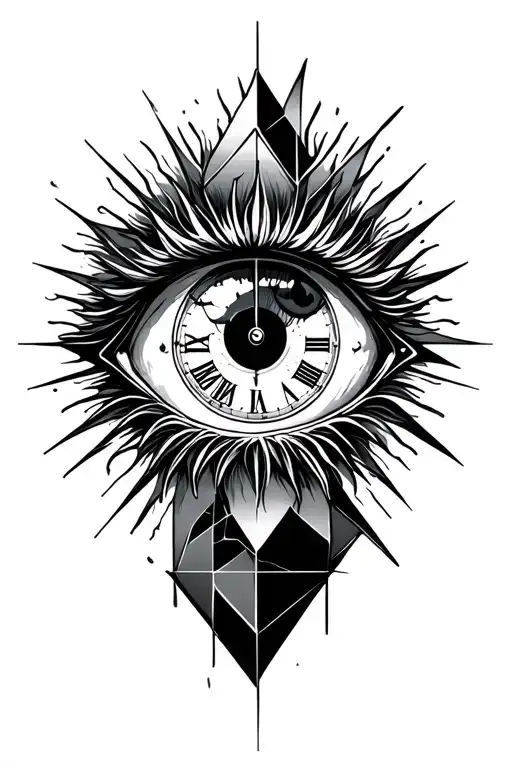 Eye Ball With Sun Rays Breaking And Incorporating Some Geometric Design With A Time Piece