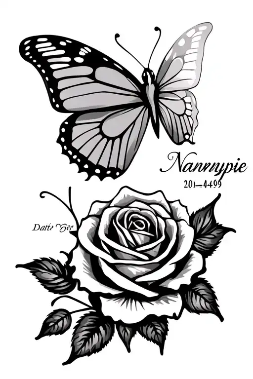 Butterfly Intertwined With A Rose With Name Nannypie And Date 20-04-09