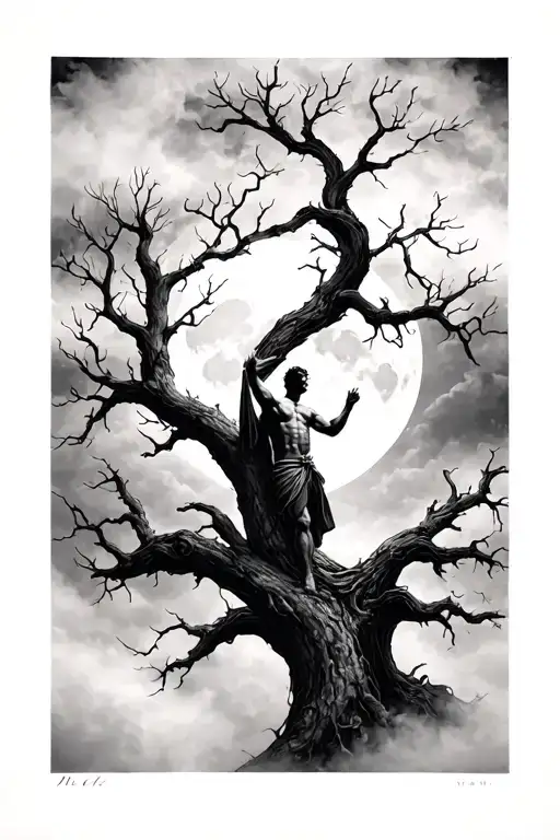 Man Risen On The Tree With Full Moon And Fog