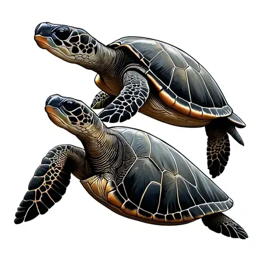 Baby Sea Turtle Following Big Sea Turtle Swimming