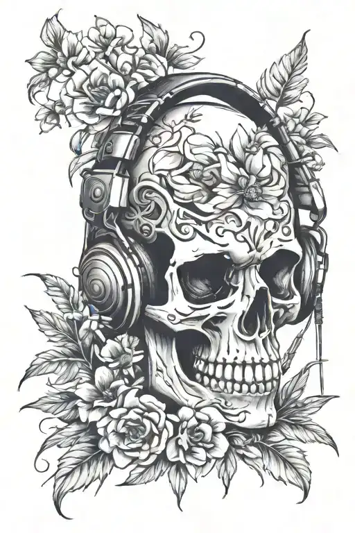 Skull And Headphones And Wildflowers Intertwined