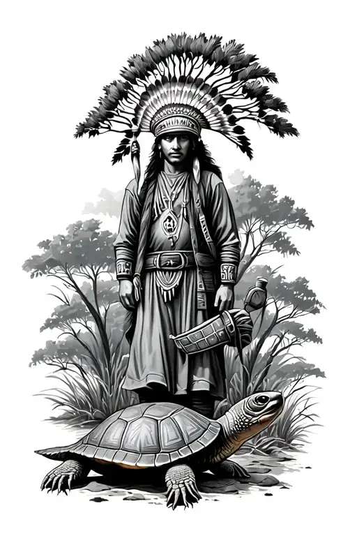 Turtle As Land With A Person Wearing Everyday Clothes With A War Bonnet On With A Family Tree