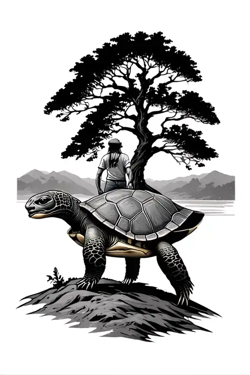Turtle As Land With A Person Wearing Jeans And A T-shirt With A War Bonnet On With A Family Tree