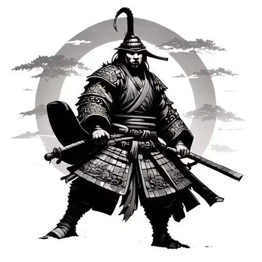 Japanese Samurai Warrior With Nature Scene And Death Vs Life Theme